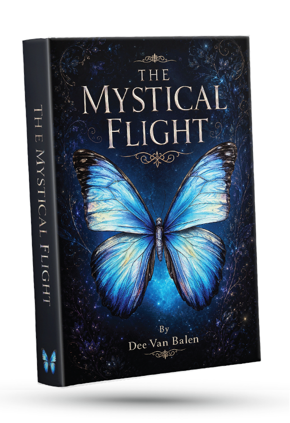 The Mystical Flight book cover by Dee Van Balen, featuring a glowing blue butterfly on a midnight navy background